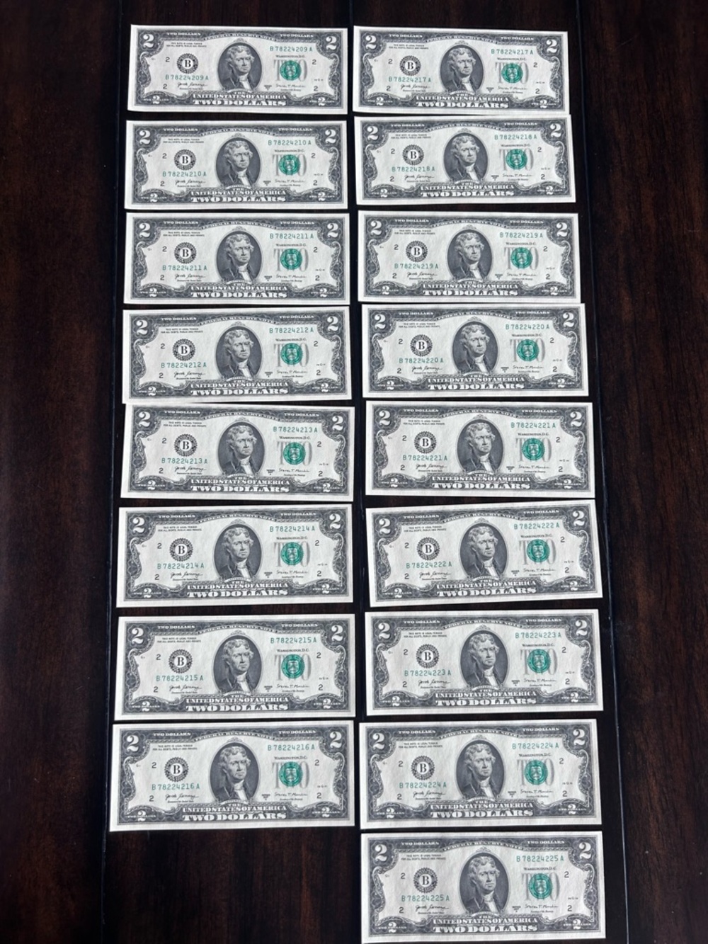 17 Consecutive $2 Bills 2017A UNC Crisp Uncirculated Run B78224209A–225A